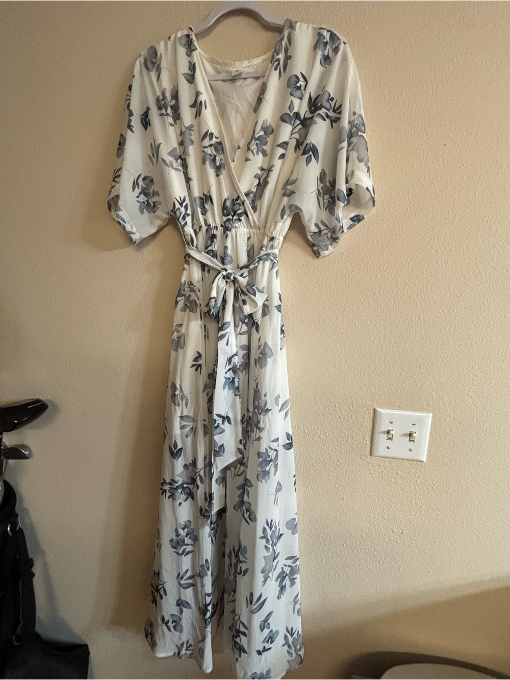 Dusty Blue and White Floral Wrap Maxi Dress with Tie Waist
